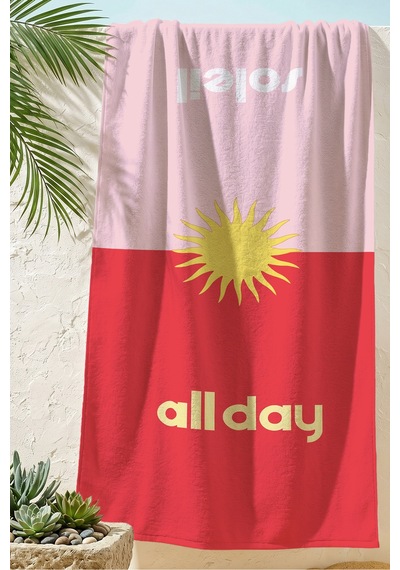 Güneş Temalı Modern Plaj Havlusu - Tropikal Pembe Kırmızı Sarı Hızlı Kuruyan Mikrofiber Havlu Dumanlı Çayı