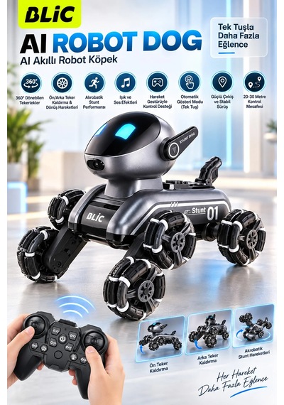 Exenar - Siyah - Uzaktan Kumandalı Akıllı Robot Köpek Oyuncak Jest Kontrollü Drift Yapan Işıklı Sesli Akrobatik Stunt Gümüş