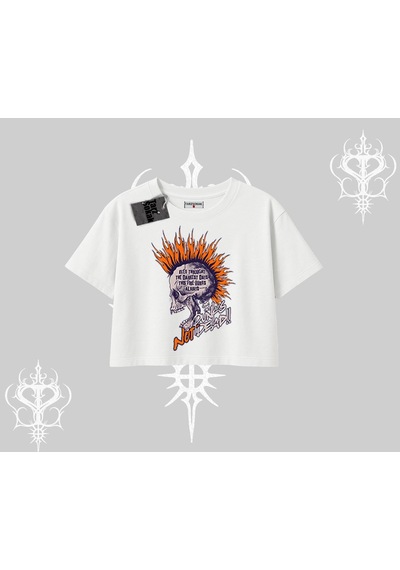 Tarzsokak Oversize Crop Tshirt Burning Skull Rebel Street Anthem Beyaz