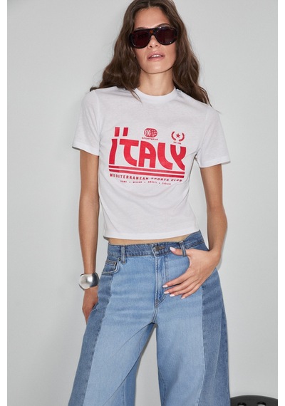 ETHIQUET Ethıquet Algher Kadın Baskı Desenli Kısa Kollu Organik Pamuklu Bisiklet Yaka Crop Beyaz T-shirt