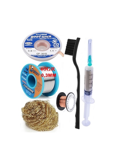 Lehimleme Seti Havya Ucu Temizleme Teli Flux,lehim Emme Tel 3,0mm Ve Lehim Teli Soldering 40gr 0,3mm St013