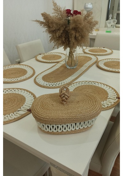 Kaan Home 6 Lı Supla 1 Runner 1 Kapaklı Örgü Ekmek Sepeti Seti Bej Krem Desenli Sunumluk Bej