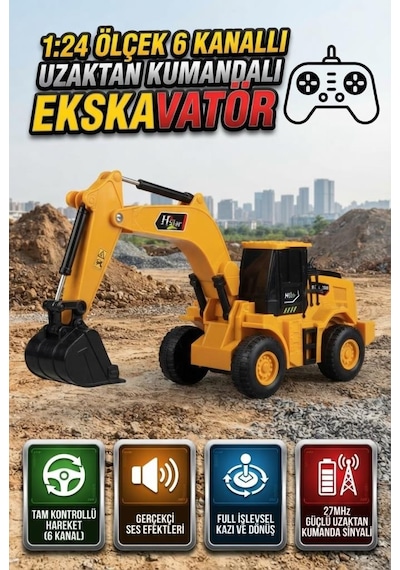 Uzaktan Kumandalı Kepçe İş Makinası 1:24 Ölçekli 6 Fonksiyonlu Sesli Ve 4 Çeker Oyuncak Ekskavatör Sarı