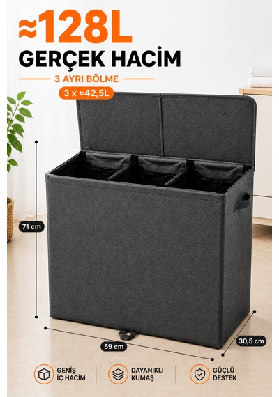 Esti 128 Litre 3 Bölmeli Kapaklı Çamaşır Sepeti - Taşınabilir İç Torba, Katlanabilir Geniş Hacimli Kirli Sepeti - 59x30,5x71 Cm Antrasit