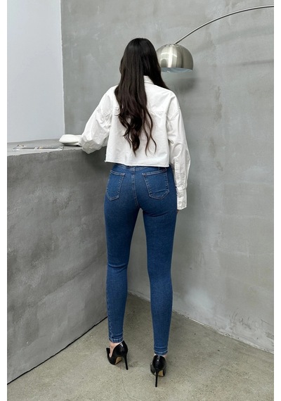 Kadın Orta Mavi Yüksek Bel Skinny Jean Pantolon Dar Paça Esnek Denim Kot 26