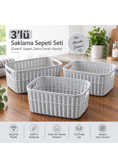 Selka Home Küçük Boy 3 Lü Örgü Desenli Saklama Sepeti Gri