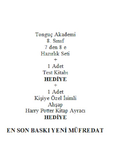 Tonguç Akademi 8. Sınıf 7 den 8 e Hazırlık Seti En Son Baskı Yeni + Test Kitabı Hediye + Kişiye Özel Ahşap Harry Potter Kitap Ayracı Hediye