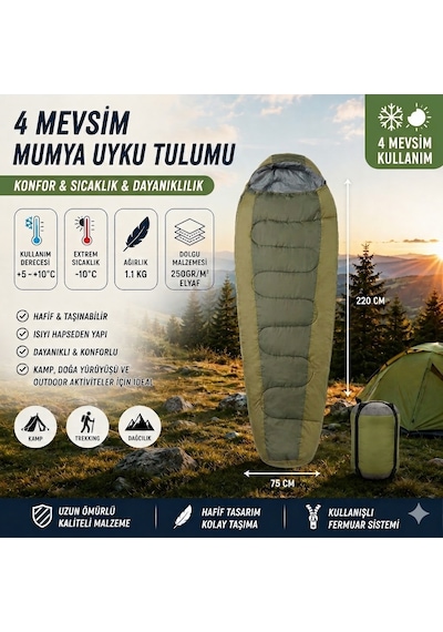 4 Mevsim Mumya Tip Uyku Tulumu -10 C Konforlu Kamp Uyku Tulumu Yıkanabilir Yeşil