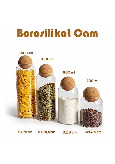 Porsima 4lü Ahşap Mantar Top Kapaklı Borosilikat Cam Kavanoz Seti Şekerlik Çerezlik Baharatlık Ve Saklama Kabı Renksiz