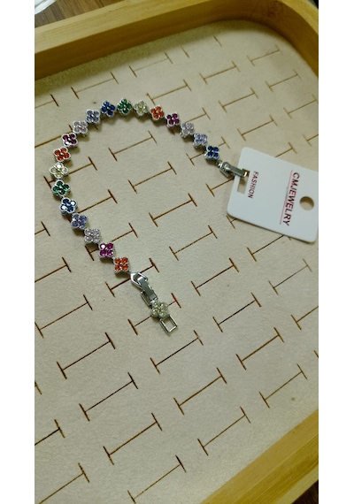 Renkli Taşlı Silver Renk Çelik Çiçekli Atarlanabilir Bileklik - Özel Seri Silver