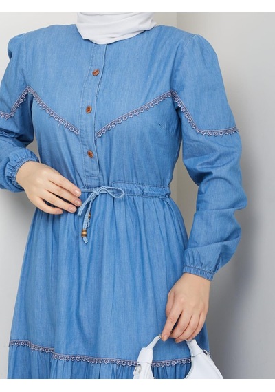 Hb Harma Time Butik Kadın Dantel Detaylı Düğmeli Ve Bağcıklı Açık Kot Mavi Elbise Açık Mavi