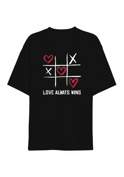 İkales 14 Şubat Sevgililer Günü Love Always Wins Baskılı Oversize Bisiklet Yaka T-shirt - Siyah