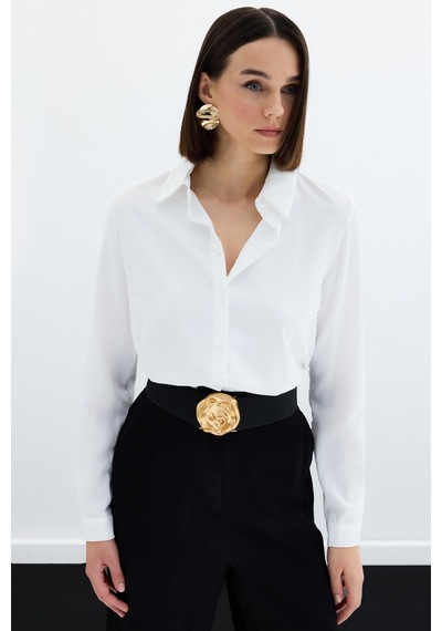 Sateen Düz Klasik Gömlek - Ekru-122325 Ekru