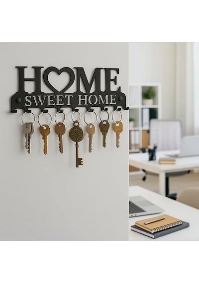 Lunoart Dekoratif Metal Anahtarlık Askılığı Giriş İçin Home Sweet Home Tasarımı Siyah