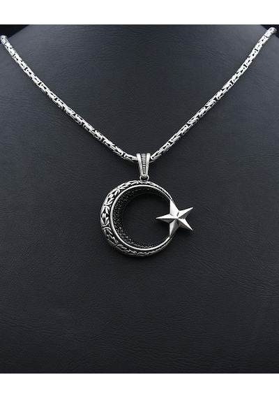 Ay Yıldızlı Ayyıldızlı Zirkon Taş Süslemeli Kral Zincirli 925 Ayar Gümüş Kolye 901077
