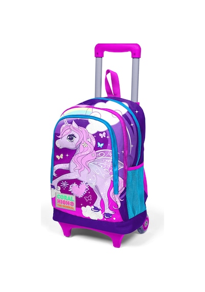Coral High Kids Mor Pembe Unicorn Desenli Üç Bölmeli Işıklı Tekerlekli Çekçekli Sırt Çantası 23908