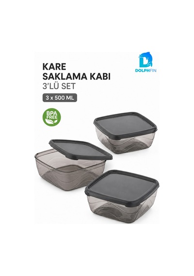 3 Lü Kare Saklama Kabı Seti 3x500 Ml Füme Şeffaf Siyah Kapaklı Bpa İçermez