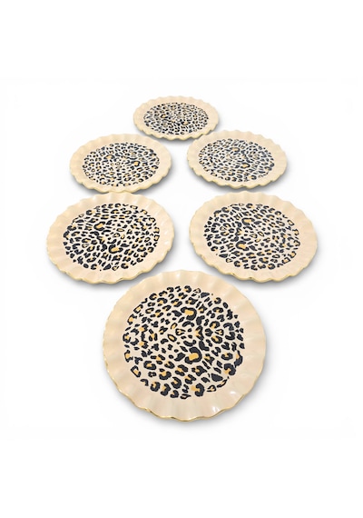 Sudedi Home Leopar Desenli Krem Zemin 21 Cm 6 Lı Pasta Tabağı Seti Gerçek Altın Yaldızlı Lüks Sunum Çok Renkli