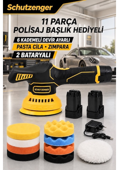 40-760w Polisaj Pasta Cila Zımpara Makinesi Şarjlı Çift Akü 11 Parça Başlık Set Sarı Kt10