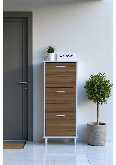 Eliusta Nefes Ayaklı 52 Cm Ayakkabılık Kapı Önü/antre 3 Düşer Kapaklı Ceviz 52x127x26 Cm Ayakkabılık Ceviz