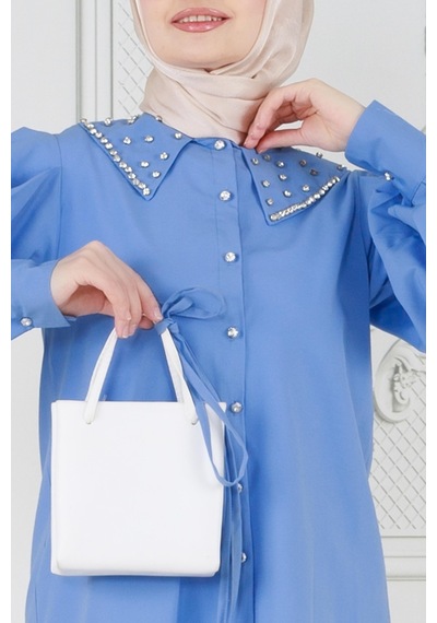 Sevitli Yakası Taş Çakım Tunik-mavi-3645-mavi Mavi