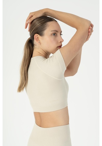 Maraton Slimfit Kadın Bisiklet Yaka Bej- Crop Top Bej-