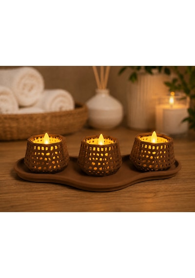 3d Baskı Dekoratif Mumluk Seti - Desenli Tealight Ve Masaüstü Aydınlatma Objesi-kahverengi Çok Renkli