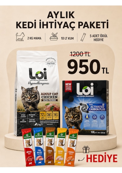 Aylık Kedi İhtiyaç Paketi 2 Kg Mama + 10 Lt Kum + 5 Li Karışık Ödül Maması Tavuk
