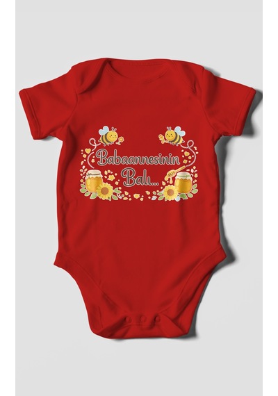 Morivokids Babannesinin Balı Kısa Kollu Bebek Body %100 Pamuk Kırmızı