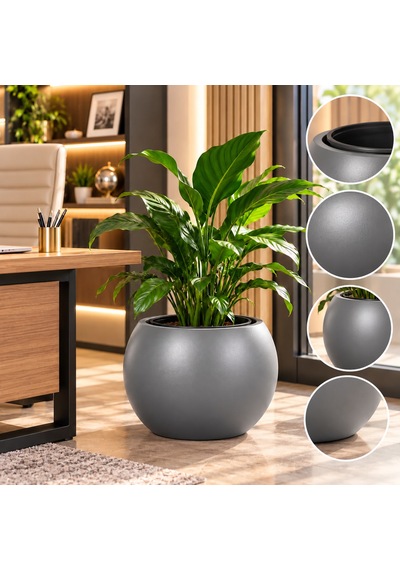Büyük Boy Gri Yuvarlak Saksı Modern Dekoratif İç Dış Mekan Bitki Saksısı İç Saksılı -