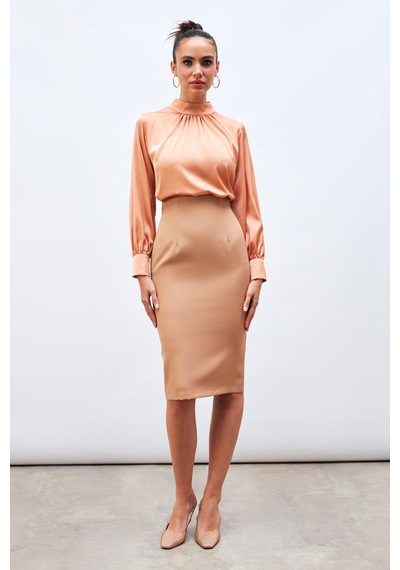 Sateen Düz Kalem Etek - Camel