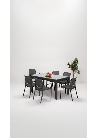 Rattan Lüx Camlı 90x150 Bahçe&balkon&teras Masa Seti - Antrasit Gri
