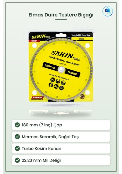 Turbo Elmas Daire Testere Bıçakları 180 Mm Delikli Mermer Seramik