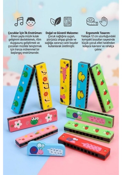 2'li Ahşap Çocuk Mızıka Seti 16 Delikli 12cm Renkli Eğitici Ahşap Oyuncak Müzik Aleti Mızıka