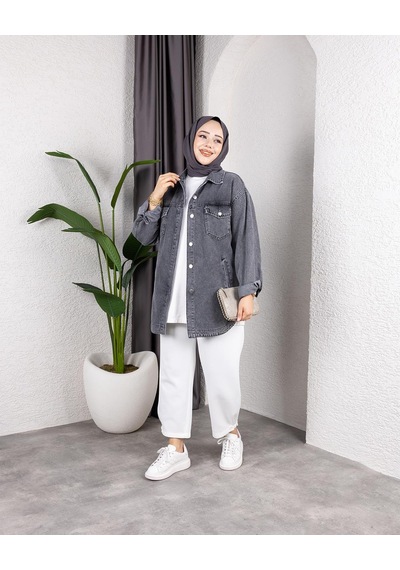 Hb Harma Time Butik Kadın Yıkamalı Cepli Denim Koyu Gri Ceket