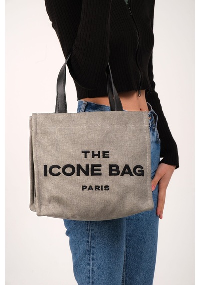İcone Bag Gri The Icone Bag Paris İşlemeli Tote Kadın Kol Çantası Ve Omuz Çantası Orta Boy Gri