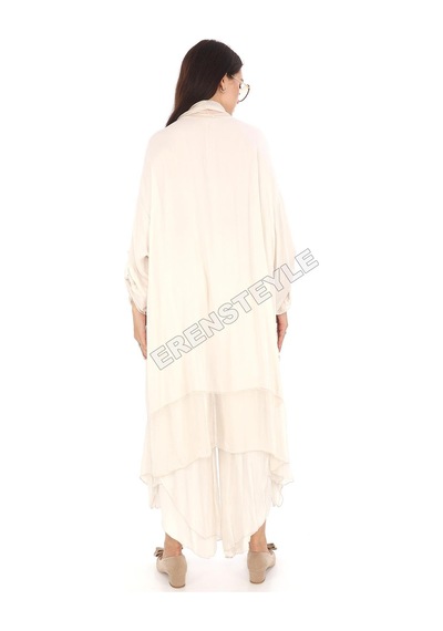 Italyan Ipek Detaylı Oversize Kap Bluz- Asimetrik Pantolon Takım Krem