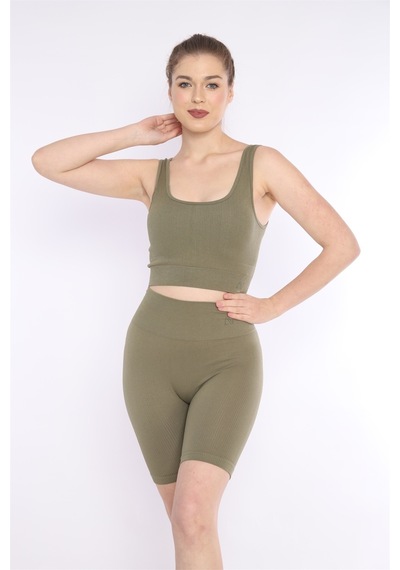 Escetic Kadın Spor, Haki Toparlayıcı, Yüksek Bel Fitnes Bra Şort-tayt Takım-4311 - Xs