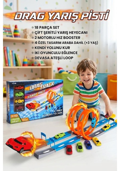 18 Parçalı 4 Arabalı Çift Şeritli Fırlatıcılı 70 Cm İkili Oyuncak Drag Yarış Pisti Seti Çok Renkli