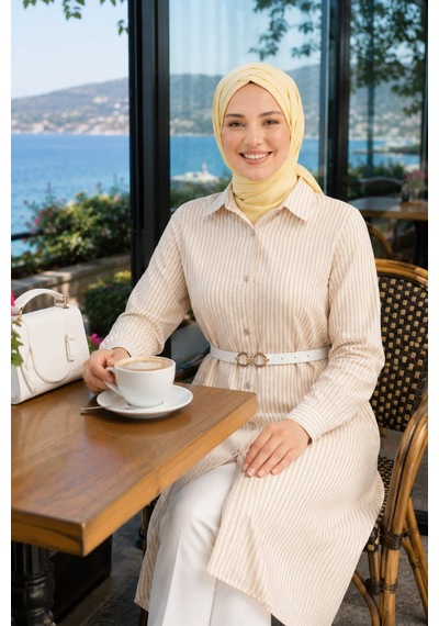 Hb Harma Time Butik Kadın Çizgi Desenli Kemerli Keten Bej Gömlek Bej Bej
