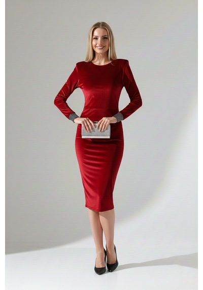 Defymoda Kadın Modern Vatkalı Midi Elbise Kırmızı