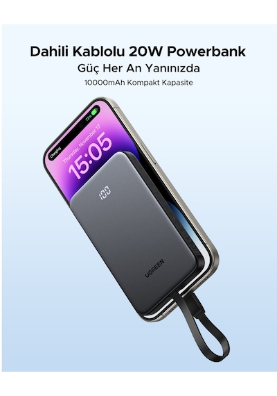 Ugreen Zapix 10.000 Mah 20w Dahili Usb-c Kablolu Hızlı Şarj Powerbank, 75161b Gri