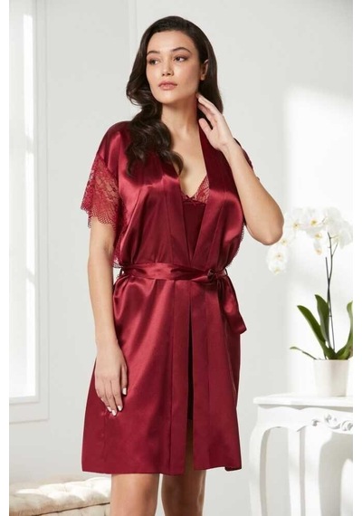 Pierre Cardin Bordo Saten Dantelli Gecelik Sabahlık Takım 4438 Bordo