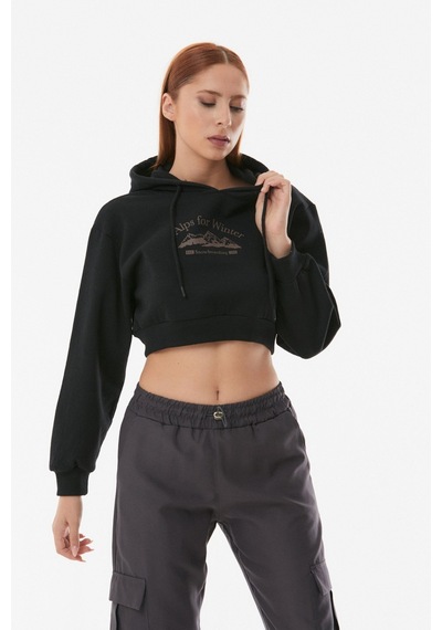 Fullamoda Baskılı Kapüşonlu Crop Sweatshirt- Siyah 24KGB890195453-Siyah