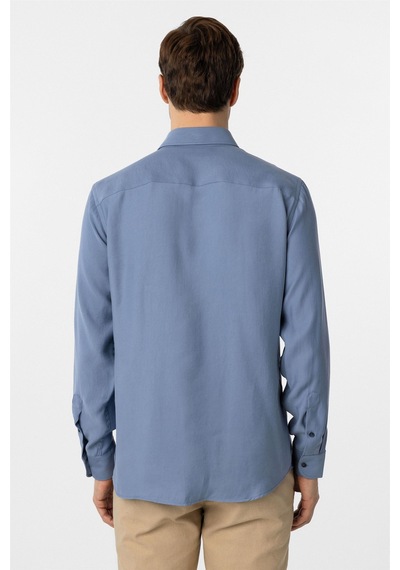 Süvari Mavi Slim Fit Düz Klasik Yaka Gömlek-34098 Mavi