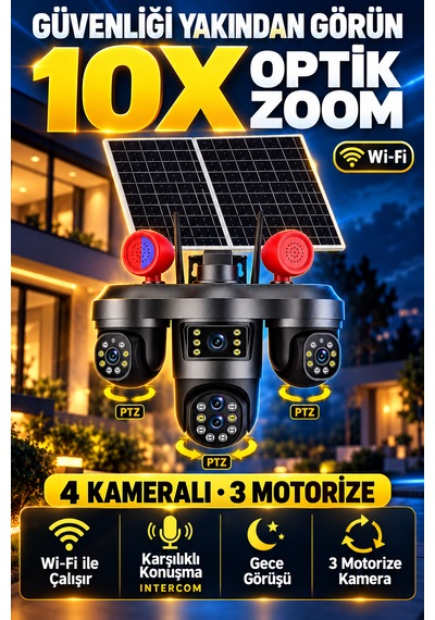4 Kameralı 3 Motorize Ptz Kamera Wifi Çift Solar Panelli 10x Optik Zoom Uyarı Işıklı Güvenlik Kamerası