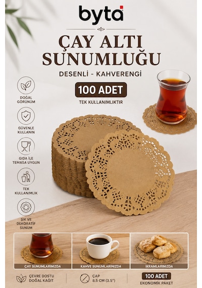 Kahverengi Dantel Kağıt Çay Bardağı Altlığı 9 Cm Yuvarlak Tek Kullanımlık Sunumluk 100 Adet Diğer