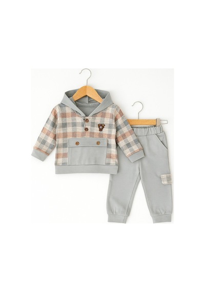 For My Baby Kapüşonlu Ekose Detaylı Bebek Takımı Gri