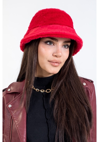 Ladycolor Tavşan Tüyü Peluş Bucket Kova Moda Kadın Kışlık Şapka Kırmızı