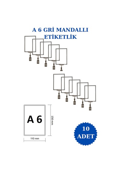 10 Adet Gri A6 Mandallı Raf Sepet Etiketi Çerçeveli Etiketlik Gri